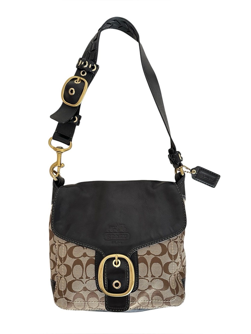 Coach Bleecker Signature Black Brown Buckle Flap Shoulder Bag 11434